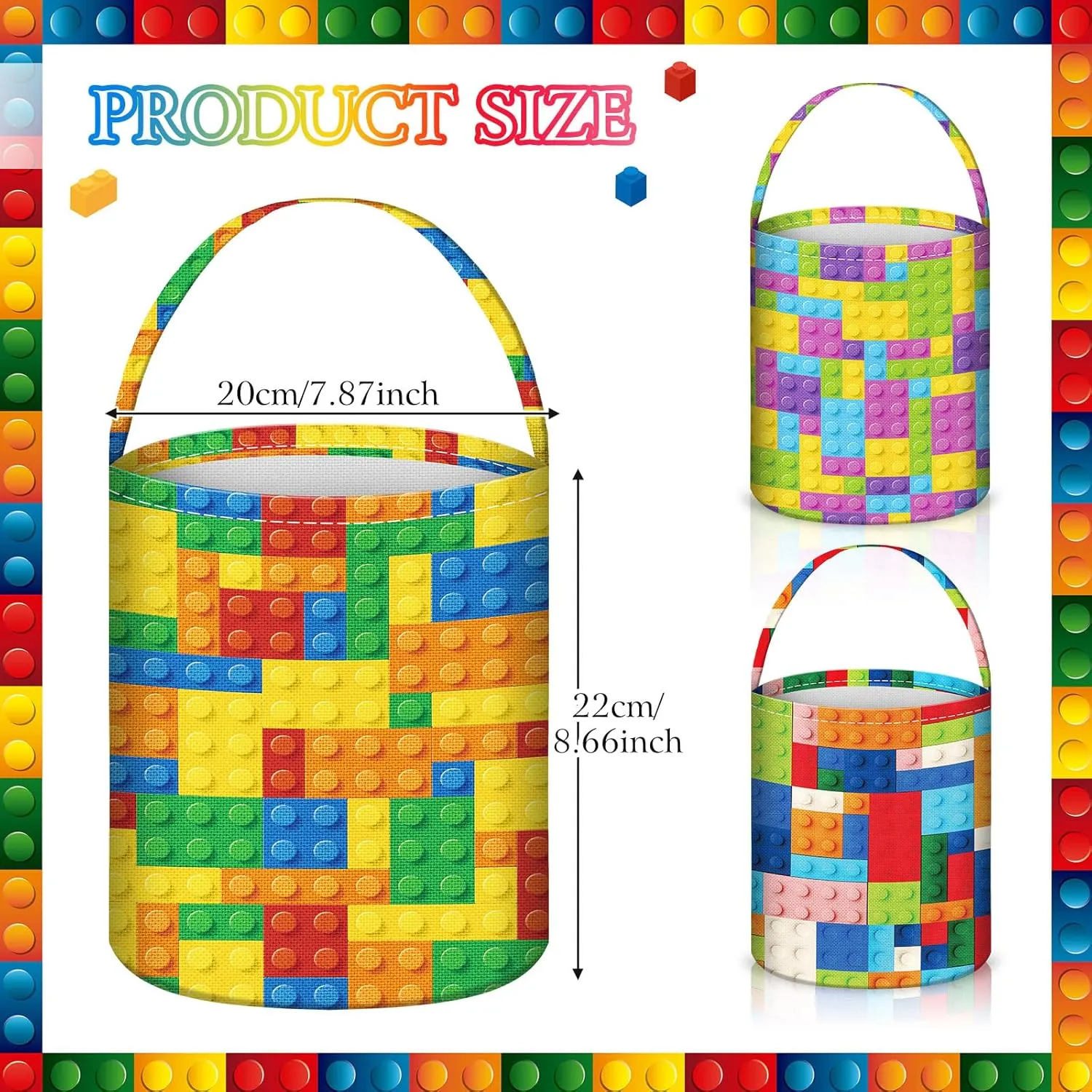 3 Pack Sports Easter Baskets Bucket Canvas Tote Bag with Handle Candy Gift Bag for Holiday Hunt Party Decorations, 3 Styles(Building Blocks)