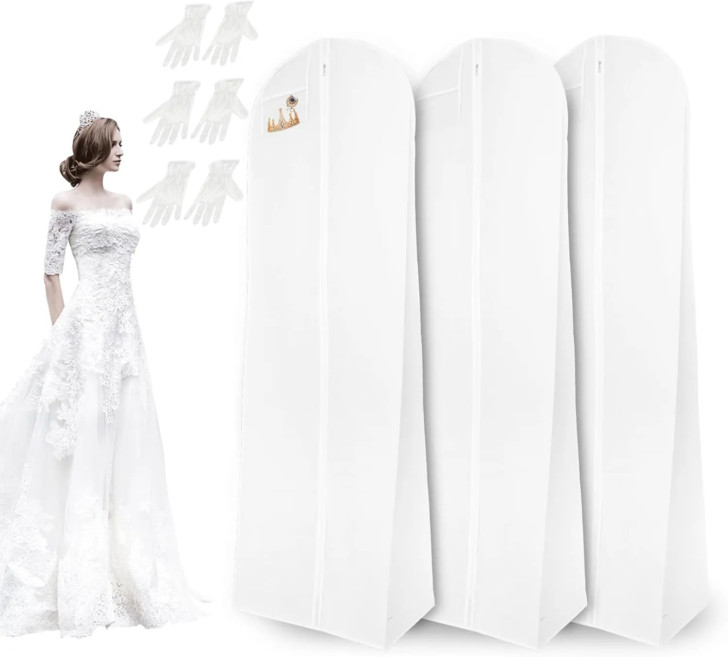 3 Packs Wedding Dress Bag Large Garment Bag Cover For Long Gowns with Extra Wide Gusset, Bridal Gown And Long Dresses,71" White with 3 Pair Microfiber Gloves