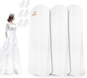 3 Packs Wedding Dress Bag Large Garment Bag Cover For Long Gowns with Extra Wide Gusset, Bridal Gown And Long Dresses,71" White with 3 Pair Microfiber Gloves
