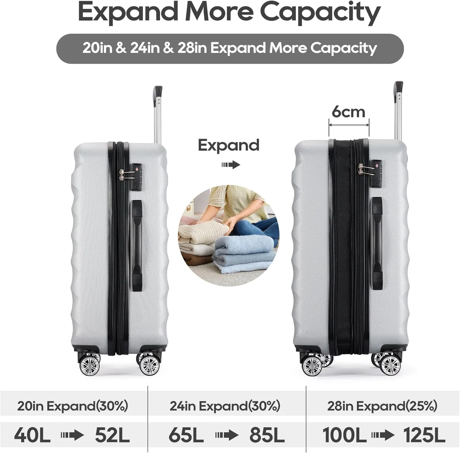 3-Piece Expandable Luggage Set, ABS Hard Shell Travel Case with TSA Lock, Spinner Wheels and Scrub Resistant Luggage Sets (Silver Gray, Carry-On 20-Inch)