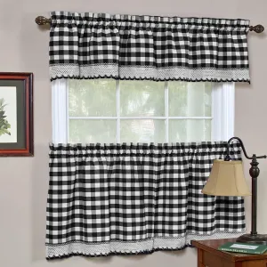 3-Piece Tier and Valance Set, Window Kitchen Curtains Checkered Plaid Gingham Design, 29W x 24L Inches Farmhouse Tier Panels, Buffalo Cafe Curtain with Swag and Tier Pair Set, Black