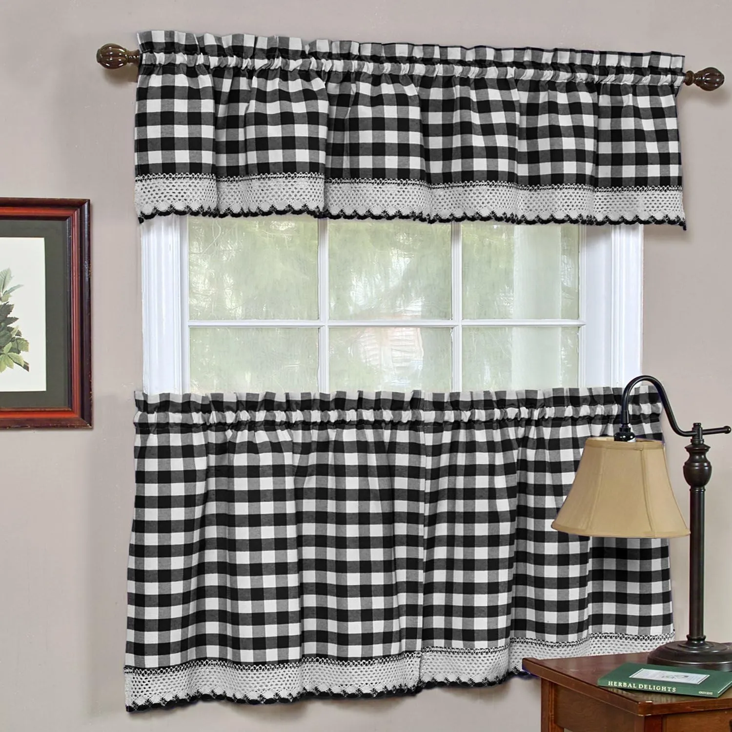 3-Piece Tier and Valance Set, Window Kitchen Curtains Checkered Plaid Gingham Design, 29W x 24L Inches Farmhouse Tier Panels, Buffalo Cafe Curtain with Swag and Tier Pair Set, Black