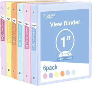 3 Ring Binder - 6 Pack, 1 Inch Binder with 2 Interior Pockets & Clear View Overlay, Large Capacity, Round Ring Binders for Office Supplies, School & Home (6 Colors)