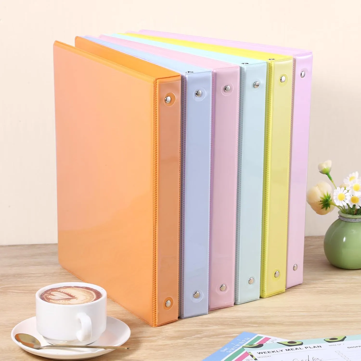 3 Ring Binder - 6 Pack, 1 Inch Binder with 2 Interior Pockets & Clear View Overlay, Large Capacity, Round Ring Binders for Office Supplies, School & Home (6 Colors)