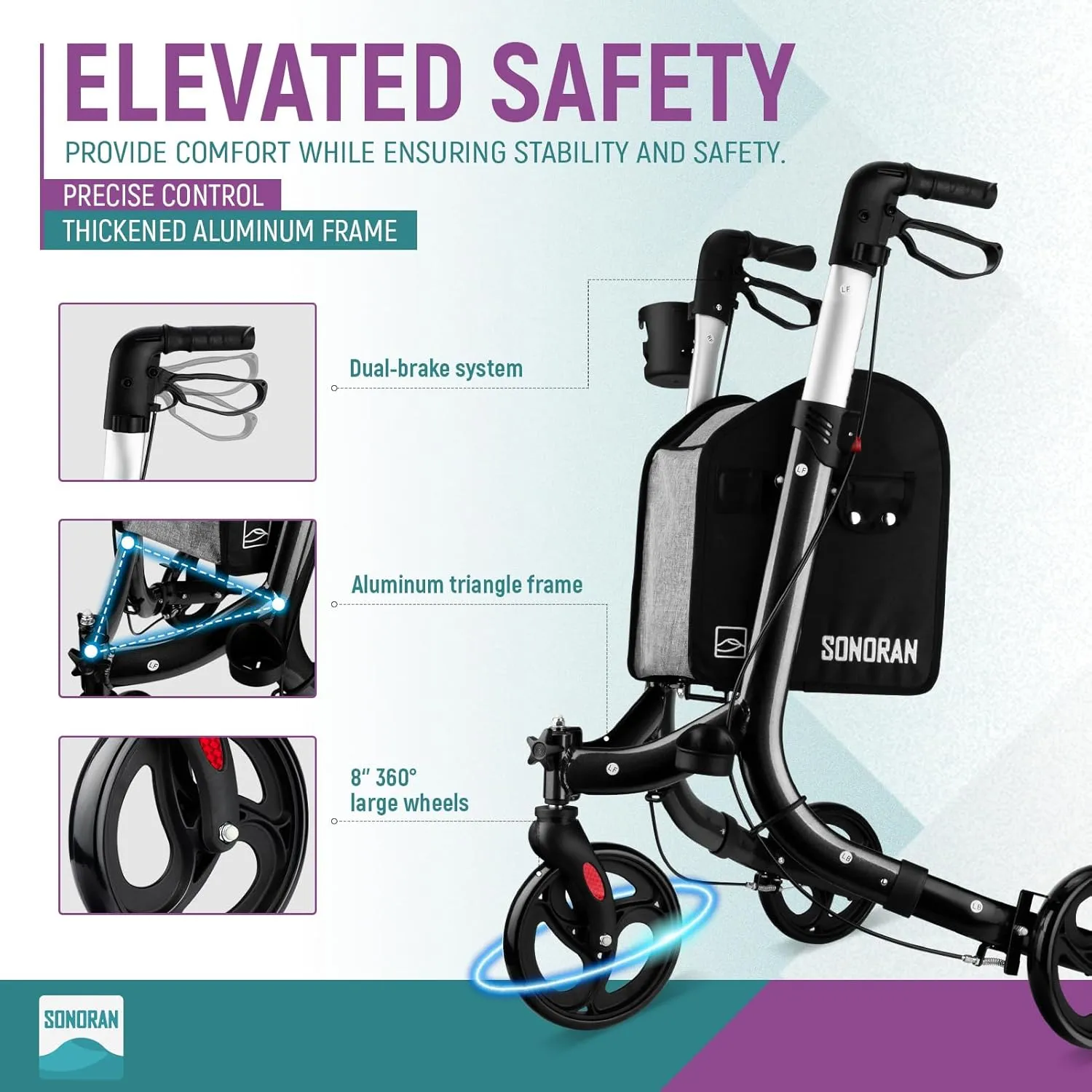 3 Wheel Walkers for Seniors – Foldable Rollator Walker with Cane Hold and Cup Holder, Basket Bag, Adjustable Lightweight Three Wheeled Adult Walkers for Seniors, Black
