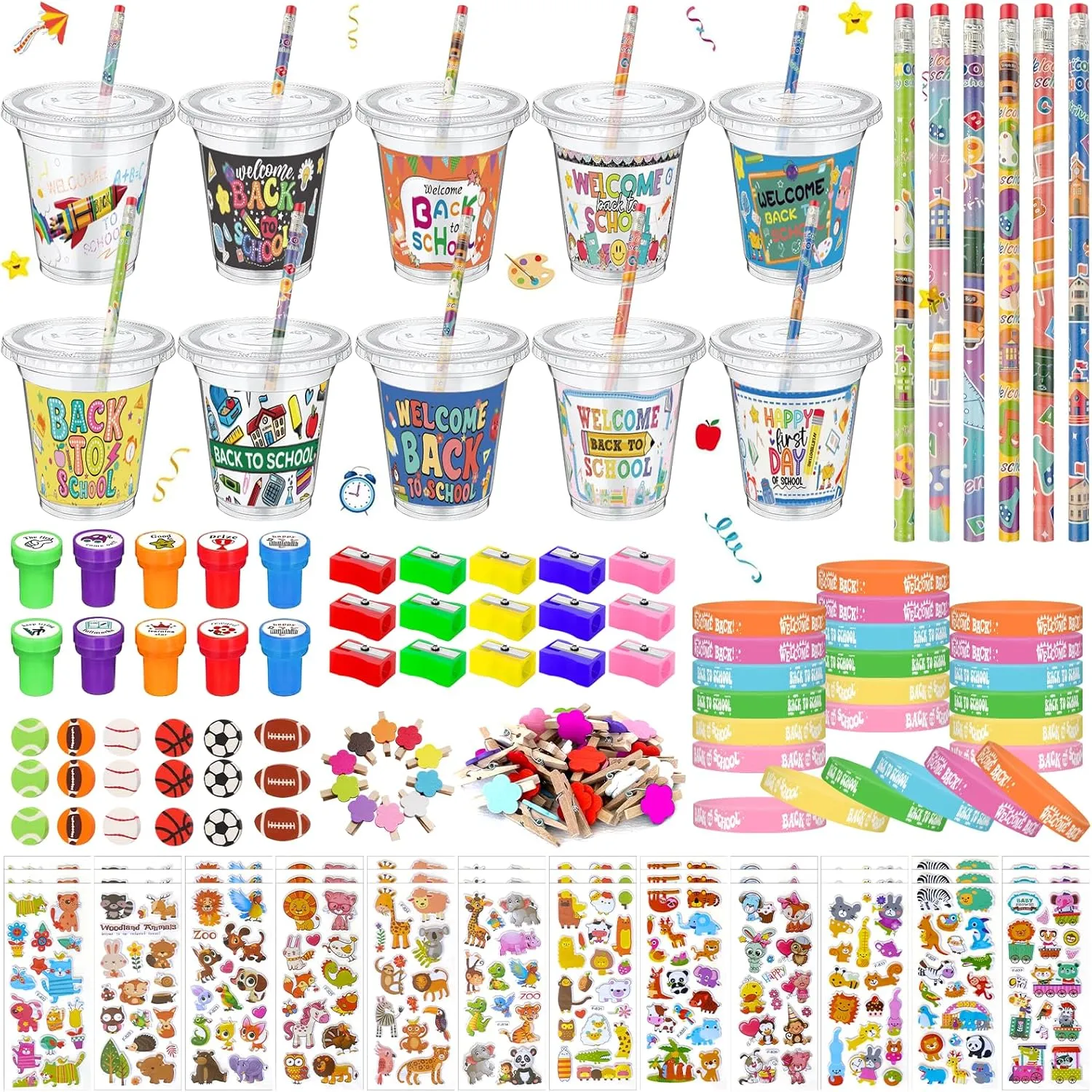 30 Set Back to School Gifts Stationery First Day of School Cup Pencil Stamp Silicone Bracelet Sticker Pencil Sharpener Eraser Small Clip for Students Goodie Bag Stuffers Classroom Party Favors