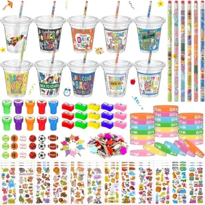 30 Set Back to School Gifts Stationery First Day of School Cup Pencil Stamp Silicone Bracelet Sticker Pencil Sharpener Eraser Small Clip for Students Goodie Bag Stuffers Classroom Party Favors