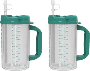 32 oz Double Wall Insulated Hospital Mug - Cold Drink Mug - Large Carry Handle - Includes Straw (2, Teal)