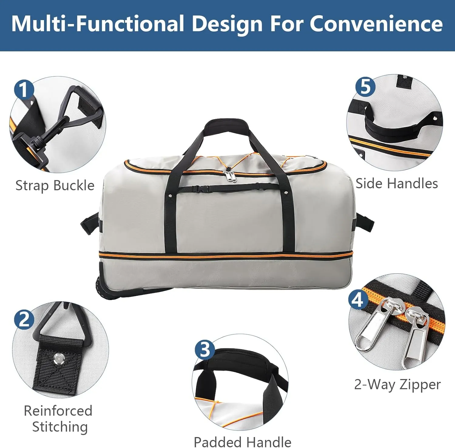 32" 110L Expandable 140L Soft-Sided Rolling Duffle Bag, Foldable Extra Large Sport Bag with 2-Inline Wheels, Gray