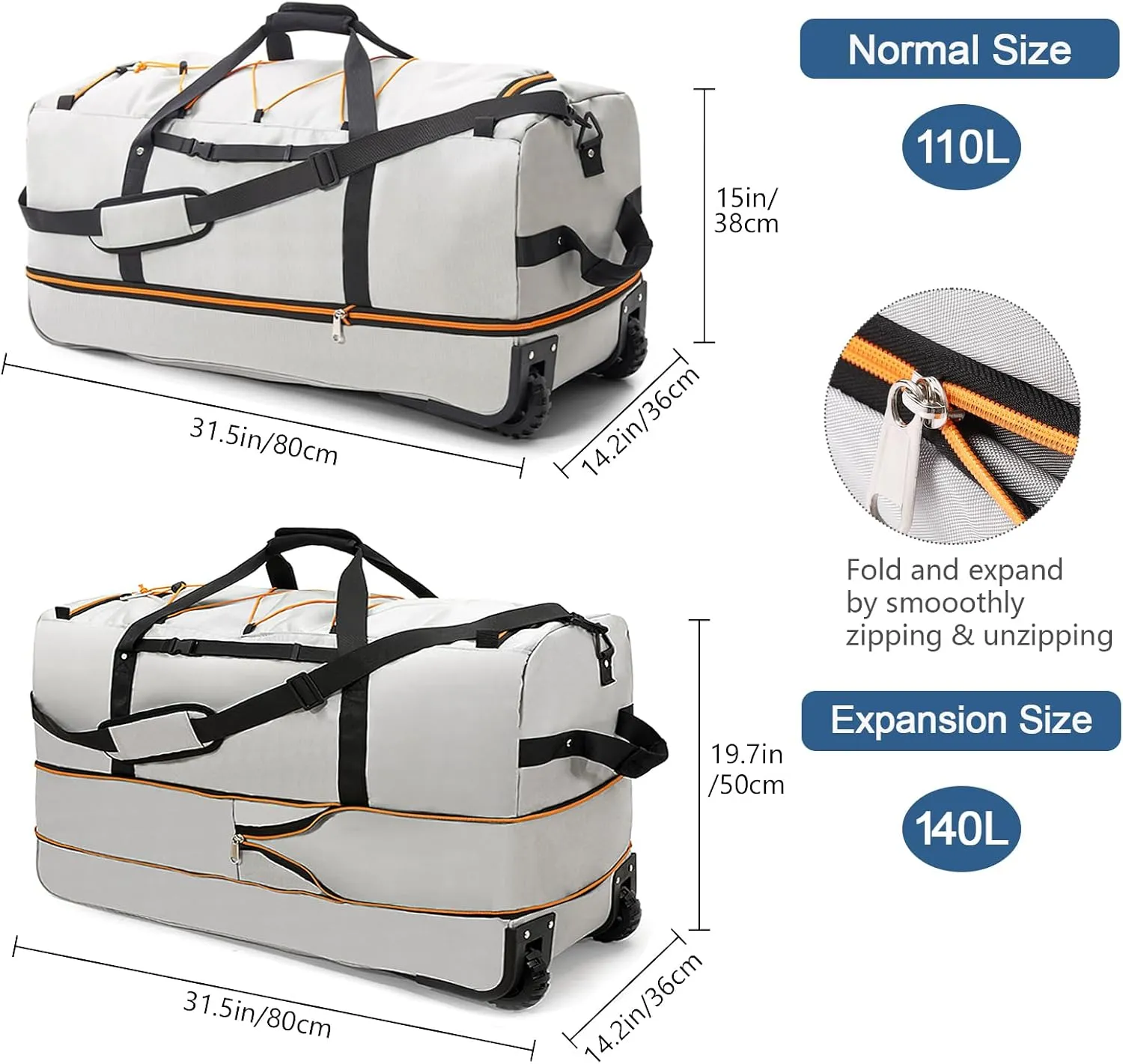 32" 110L Expandable 140L Soft-Sided Rolling Duffle Bag, Foldable Extra Large Sport Bag with 2-Inline Wheels, Gray