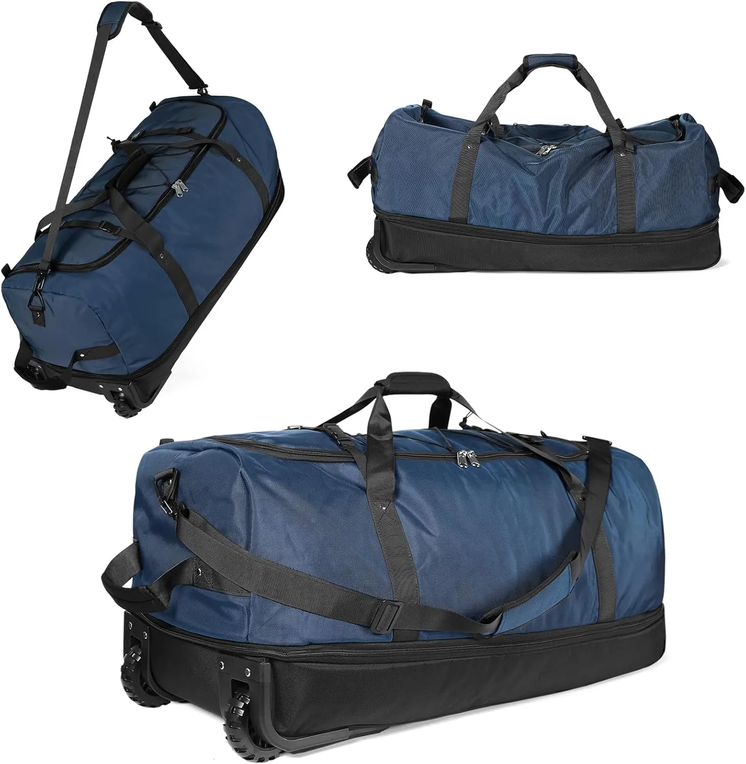 32" Soft-Sided Foldable Wheeled Duffle Bag, 110L Expandable 140L Rolling Travel Bag with Matching Storage Pouch, Updated Navy