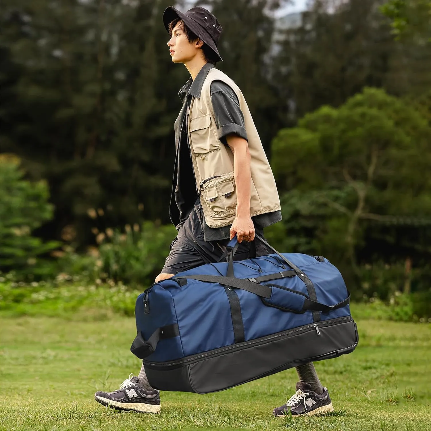 32" Soft-Sided Foldable Wheeled Duffle Bag, 110L Expandable 140L Rolling Travel Bag with Matching Storage Pouch, Updated Navy