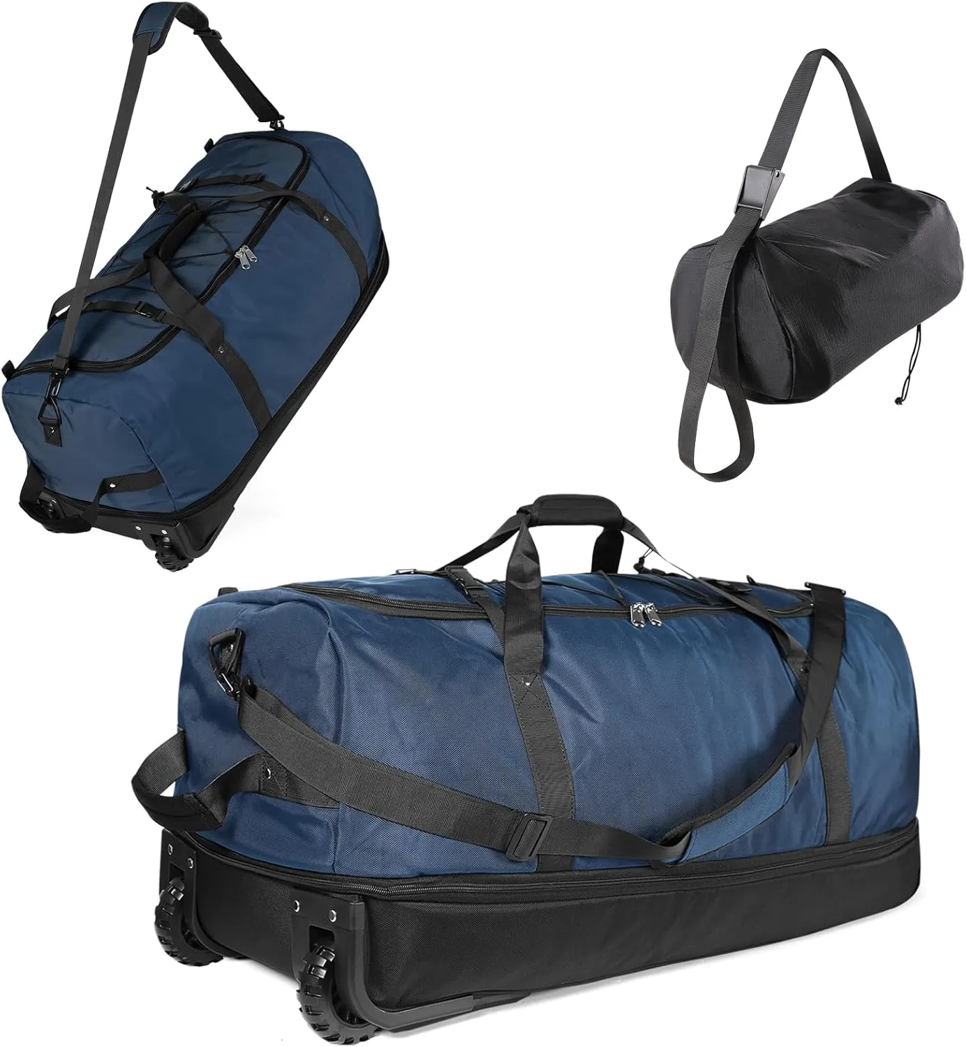 32" Soft-Sided Foldable Wheeled Duffle Bag, 110L Expandable 140L Rolling Travel Bag with Matching Storage Pouch, Updated Navy