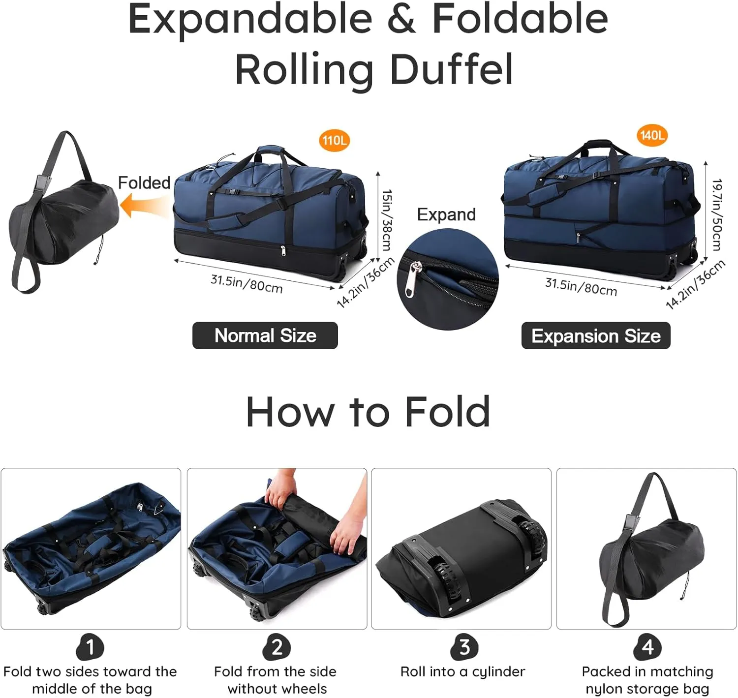 32" Soft-Sided Foldable Wheeled Duffle Bag, 110L Expandable 140L Rolling Travel Bag with Matching Storage Pouch, Updated Navy