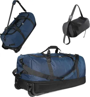 32" Soft-Sided Foldable Wheeled Duffle Bag, 110L Expandable 140L Rolling Travel Bag with Matching Storage Pouch, Updated Navy