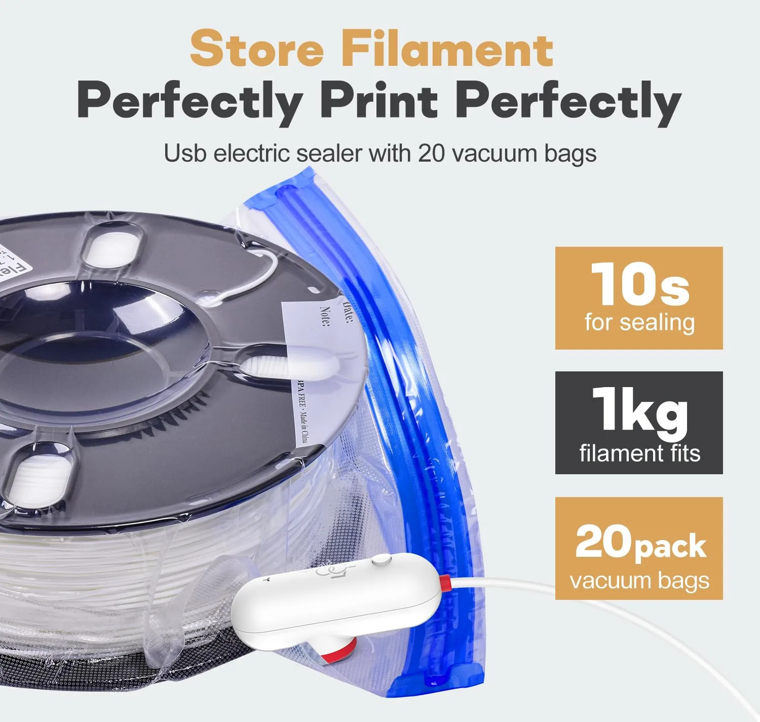 3D Filament Storage Bags Kit with Portable USB Pump, 20 Pack Vacuum Storage Sealling Bags, Spool Sealing for Keeping Filament Dry