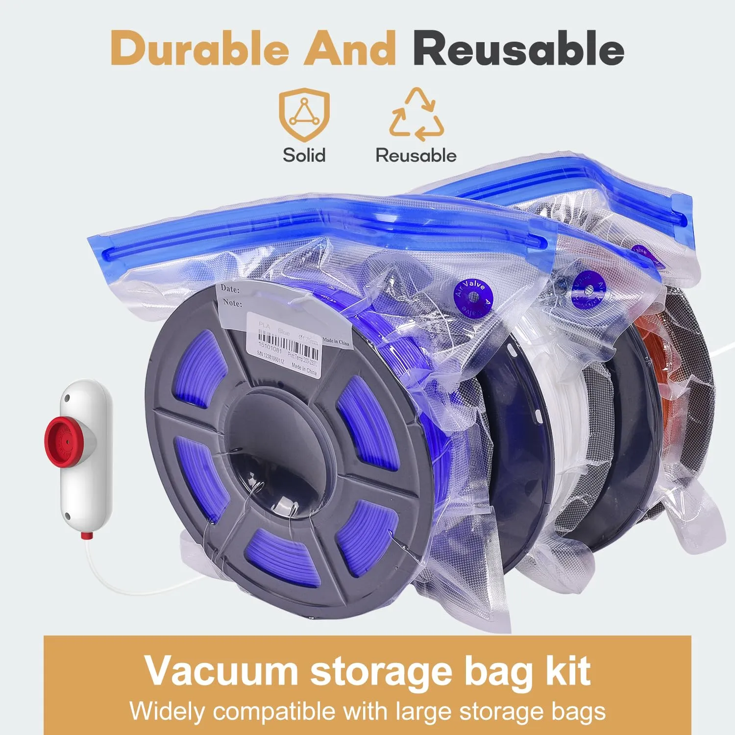 3D Filament Storage Bags Kit with Portable USB Pump, 20 Pack Vacuum Storage Sealling Bags, Spool Sealing for Keeping Filament Dry