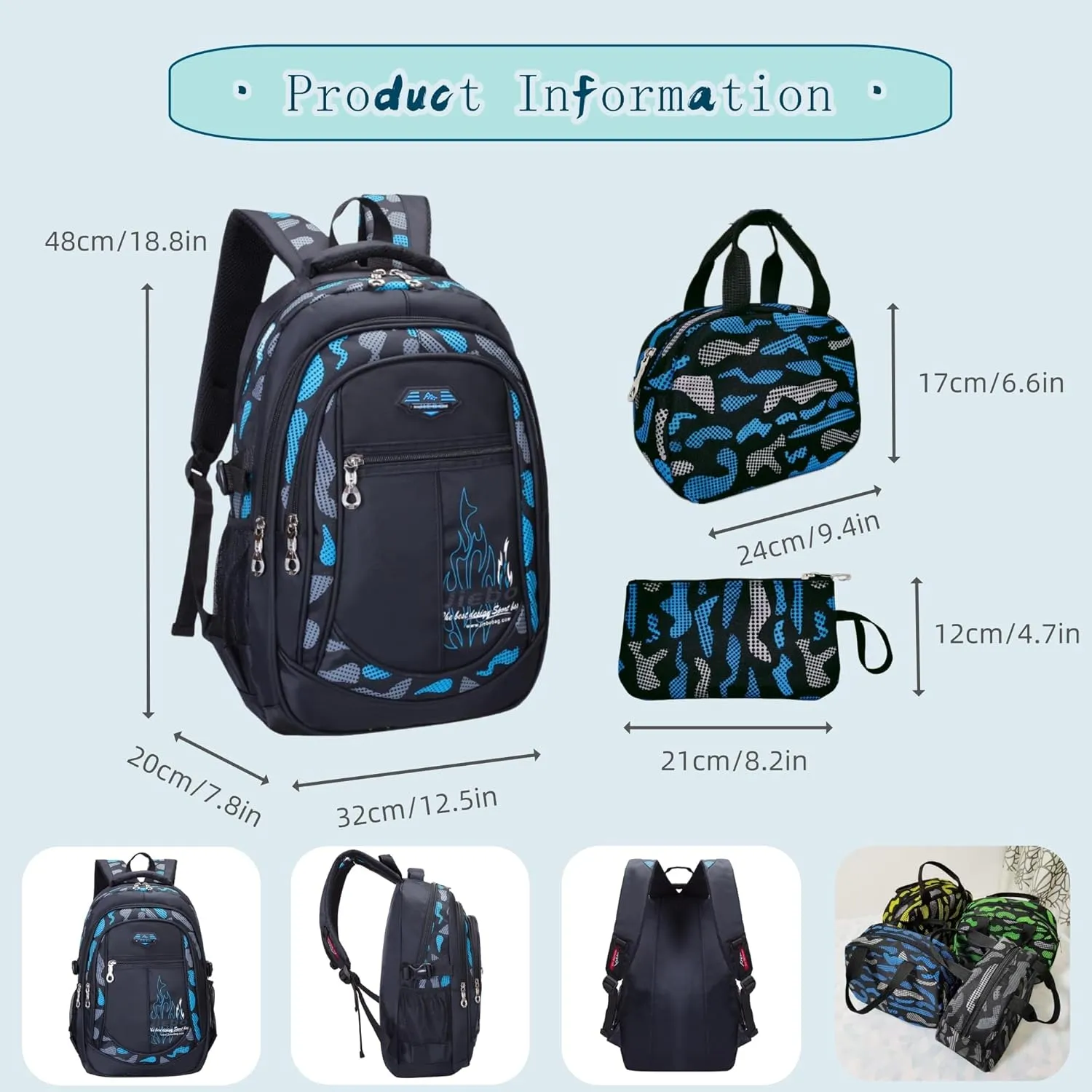 3Pcs Camo-Print Primary School Backpack and Lunch-Bag Set for Boys Camouflage Elementary Bookbag Rucksack Waterproof