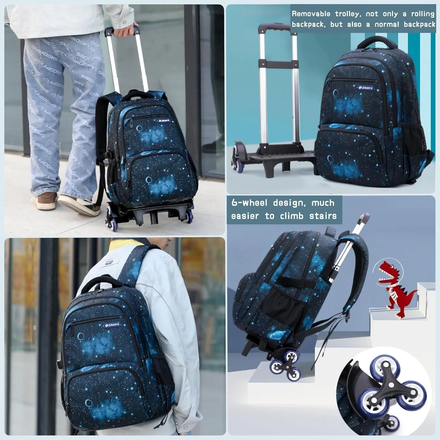 3Pcs Galaxy Boys Rolling Backpack Set with Insulated Lunch Bag, Multi-Pocket Trolley Elementary Bookbags School Bags on 6 Wheels