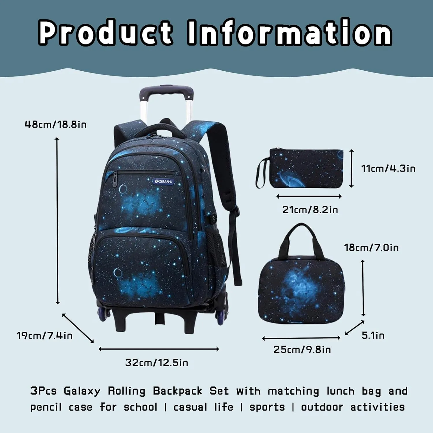 3Pcs Galaxy Boys Rolling Backpack Set with Insulated Lunch Bag, Multi-Pocket Trolley Elementary Bookbags School Bags on 6 Wheels