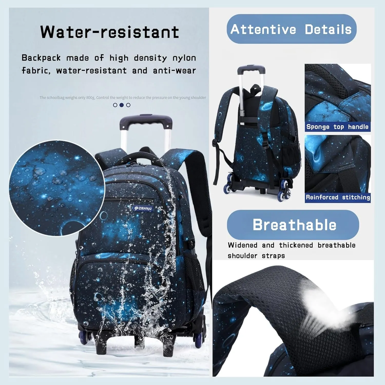 3Pcs Galaxy Boys Rolling Backpack Set with Insulated Lunch Bag, Multi-Pocket Trolley Elementary Bookbags School Bags on 6 Wheels