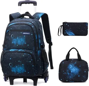 3Pcs Galaxy Boys Rolling Backpack Set with Insulated Lunch Bag, Multi-Pocket Trolley Elementary Bookbags School Bags on 6 Wheels