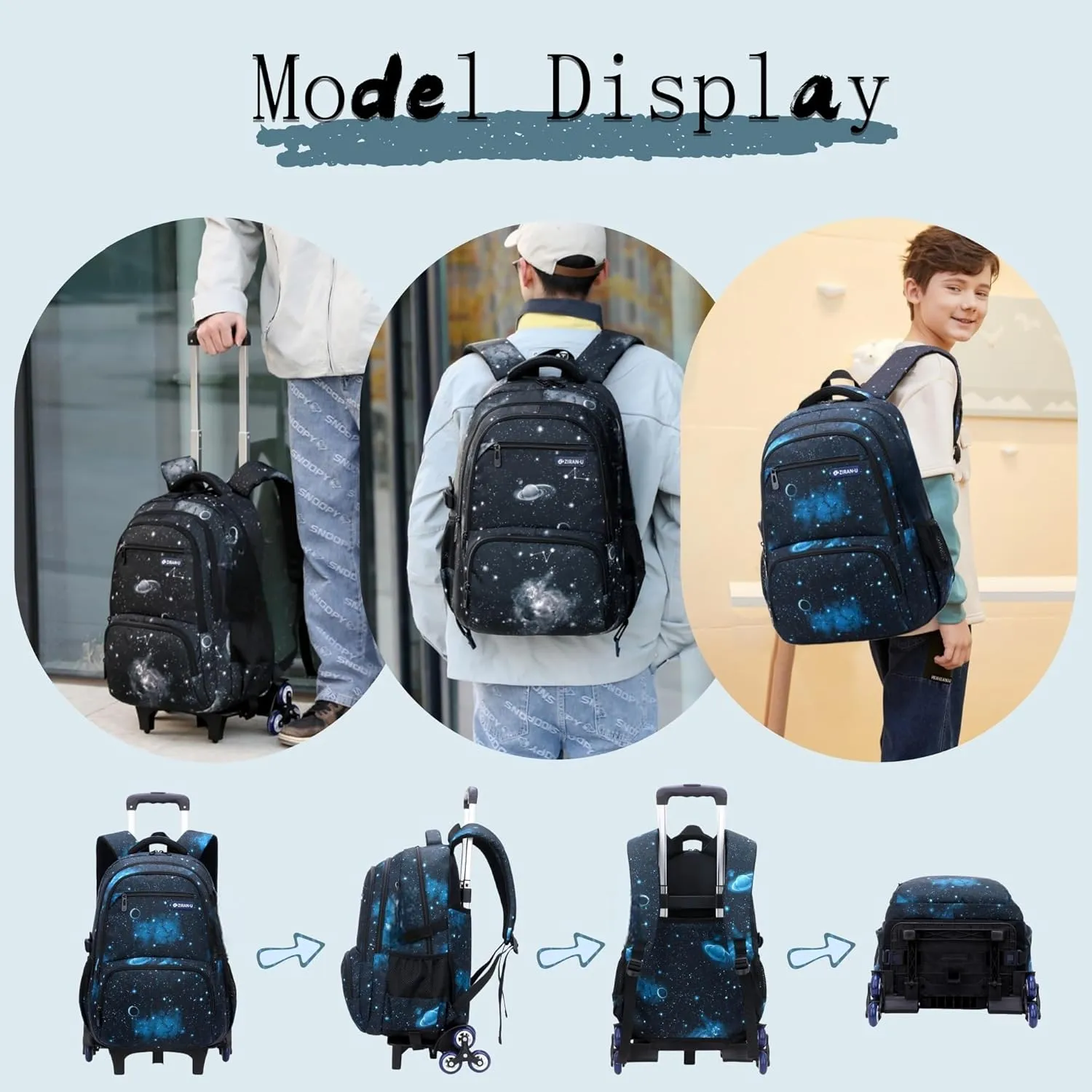 3Pcs Galaxy Boys Rolling Backpack Set with Insulated Lunch Bag, Multi-Pocket Trolley Elementary Bookbags School Bags on 6 Wheels
