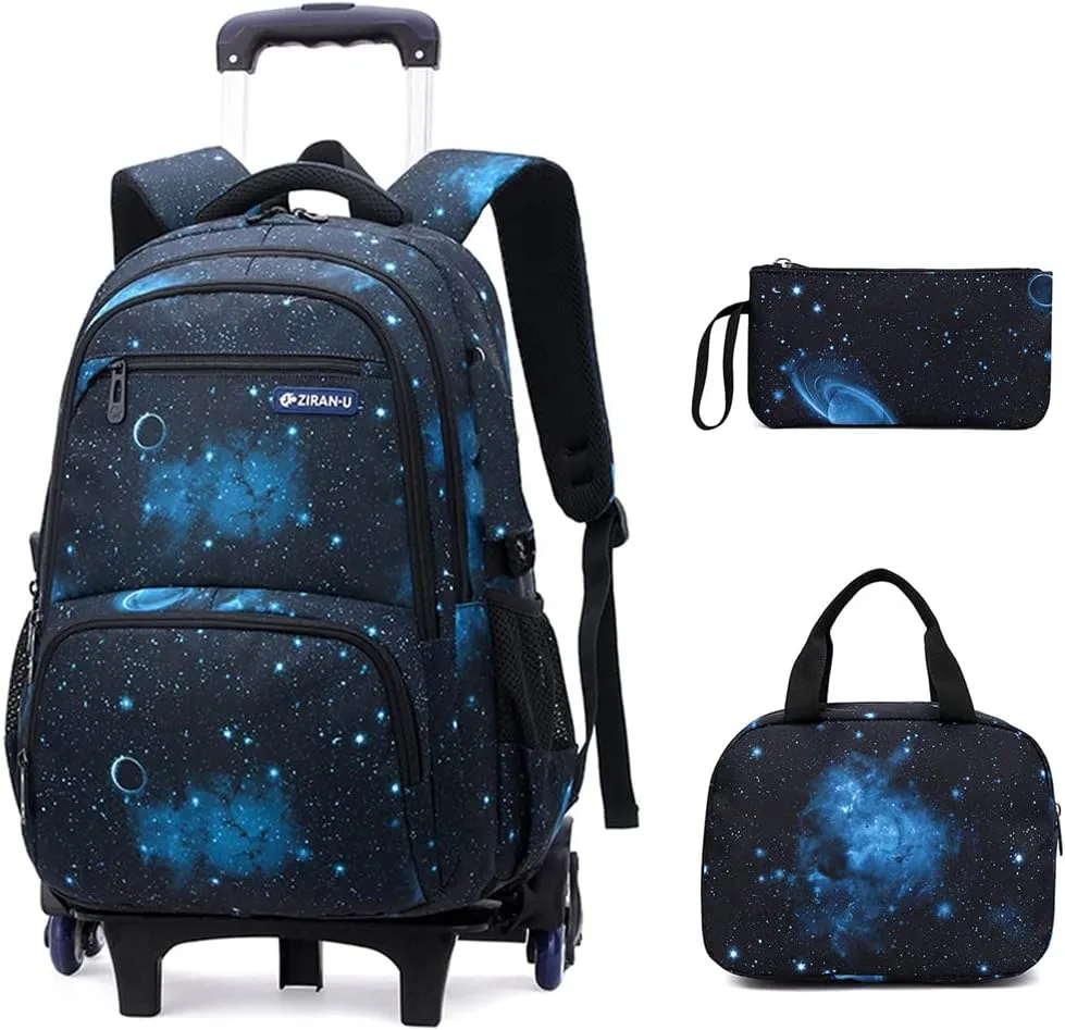 3Pcs Galaxy Boys Rolling Backpack Set with Insulated Lunch Bag, Multi-Pocket Trolley Elementary Bookbags School Bags on 6 Wheels