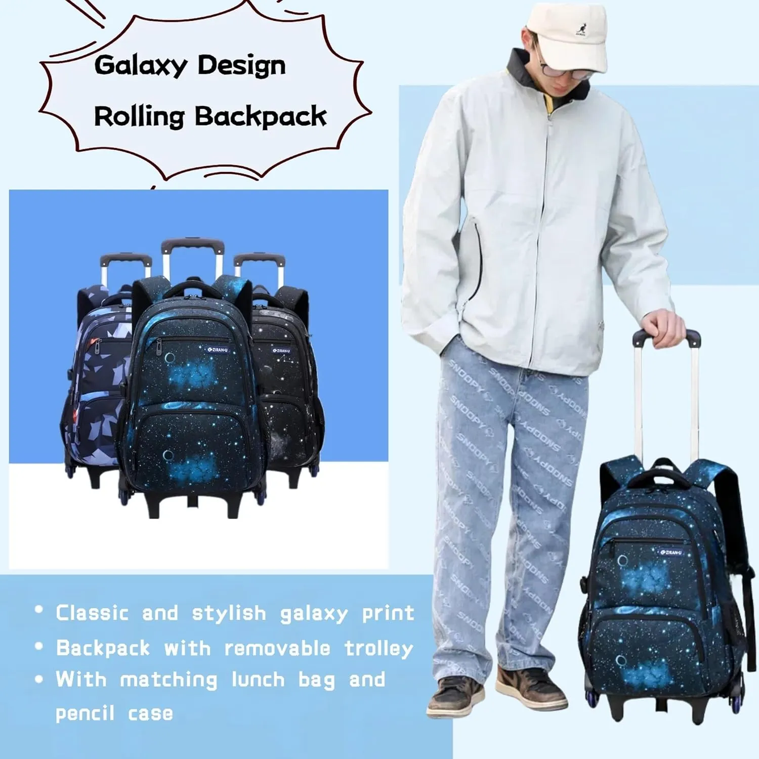 3Pcs Galaxy Boys Rolling Backpack Set with Insulated Lunch Bag, Multi-Pocket Trolley Elementary Bookbags School Bags on 6 Wheels