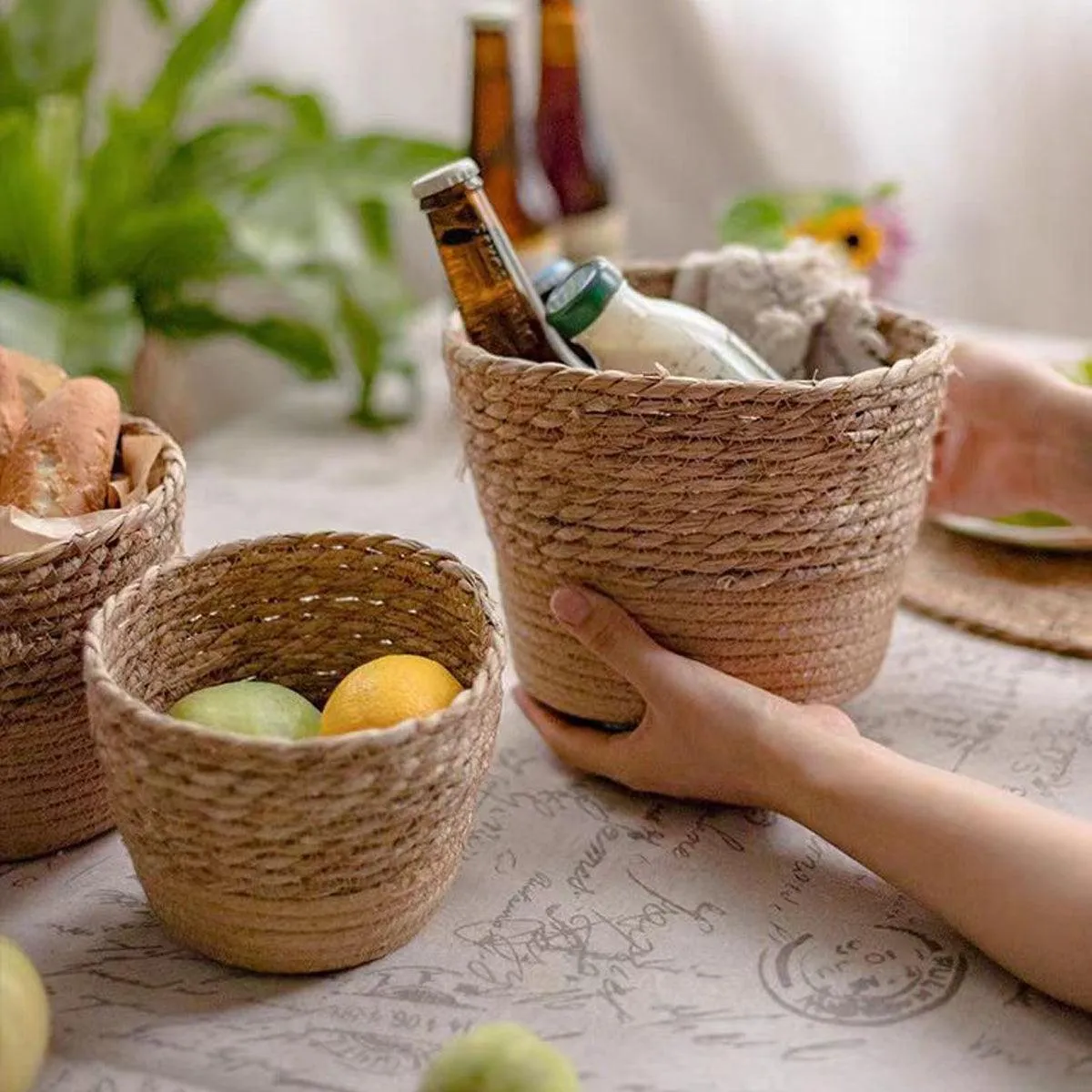 3pcs Natural Woven Basket Planters Garden Flower Pots for Home Living Decor