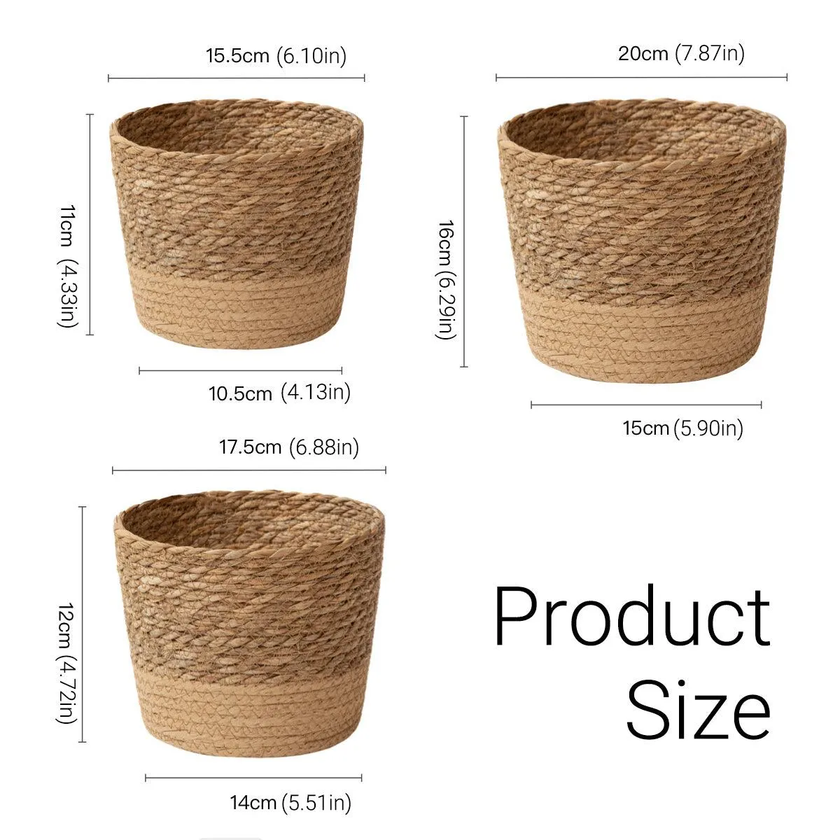 3pcs Natural Woven Basket Planters Garden Flower Pots for Home Living Decor