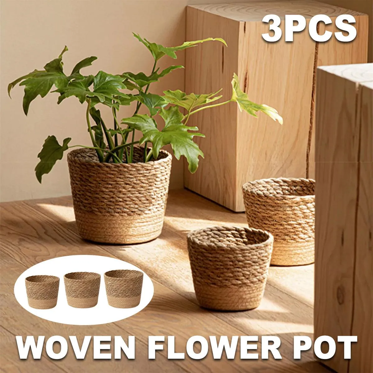 3pcs Natural Woven Basket Planters Garden Flower Pots for Home Living Decor