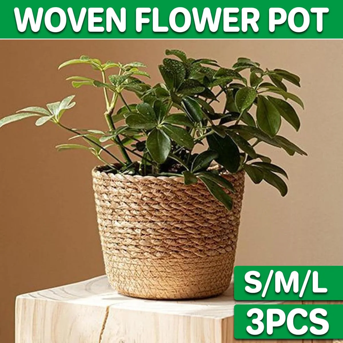 3pcs Natural Woven Basket Planters Garden Flower Pots for Home Living Decor