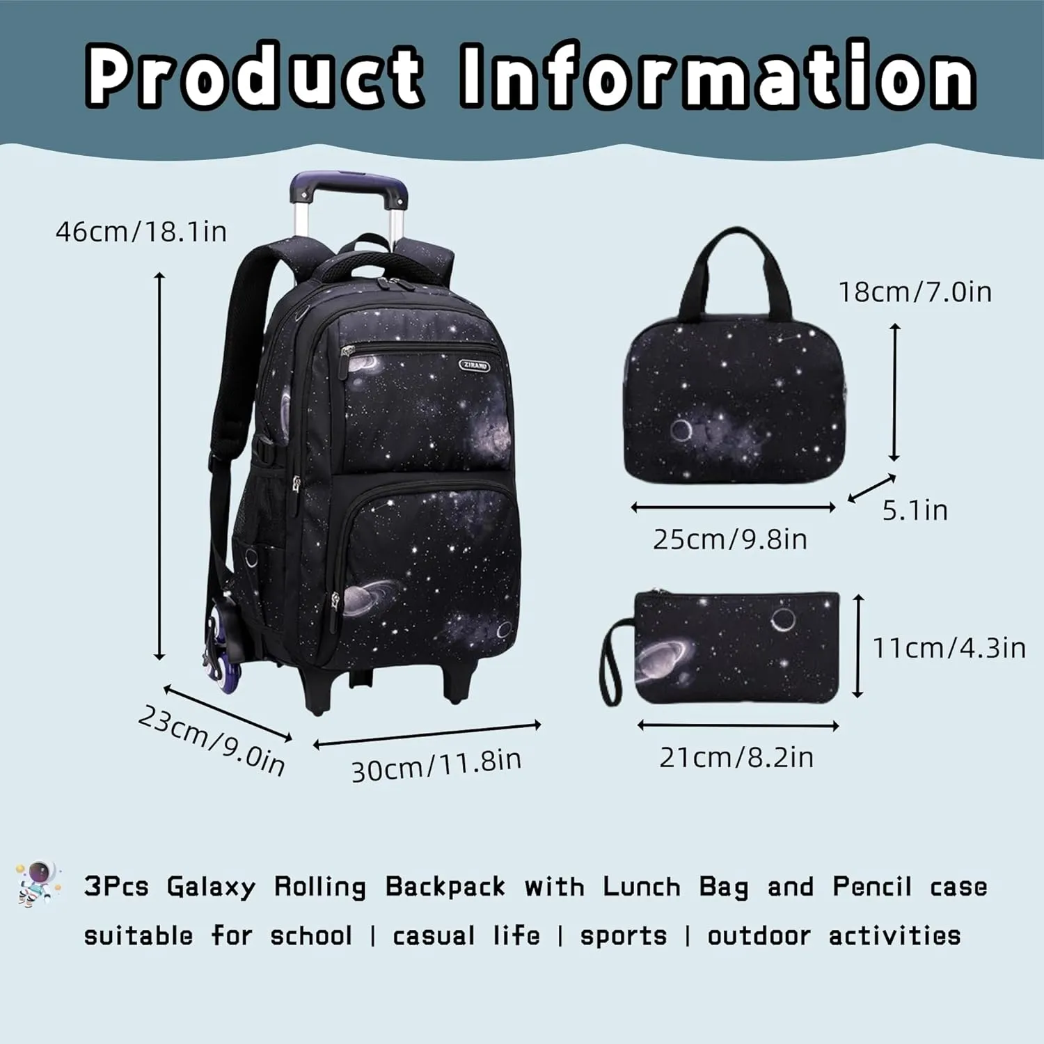 3Pcs Space Print Rolling Backpack Boys Bookbag on Wheels with Lunch Bag, Wheel Trolley Bag for School