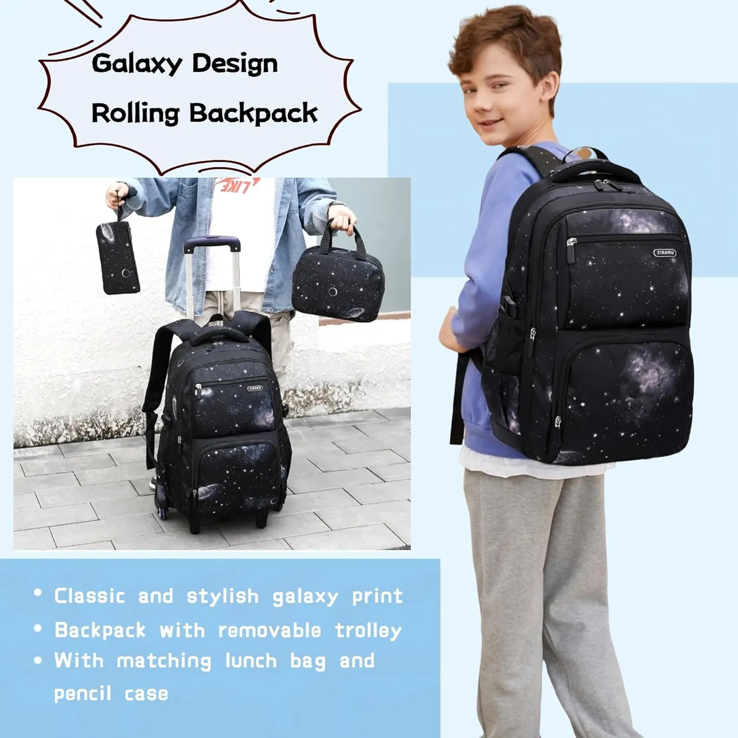 3Pcs Space Print Rolling Backpack Boys Bookbag on Wheels with Lunch Bag, Wheel Trolley Bag for School