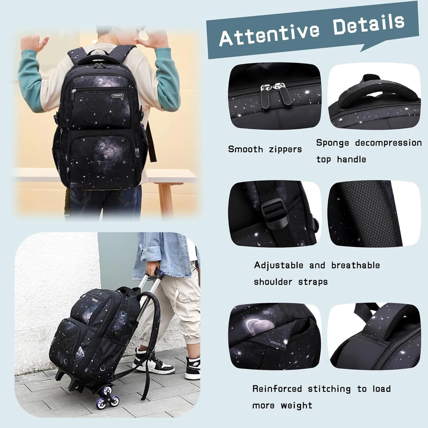 3Pcs Space Print Rolling Backpack Boys Bookbag on Wheels with Lunch Bag, Wheel Trolley Bag for School