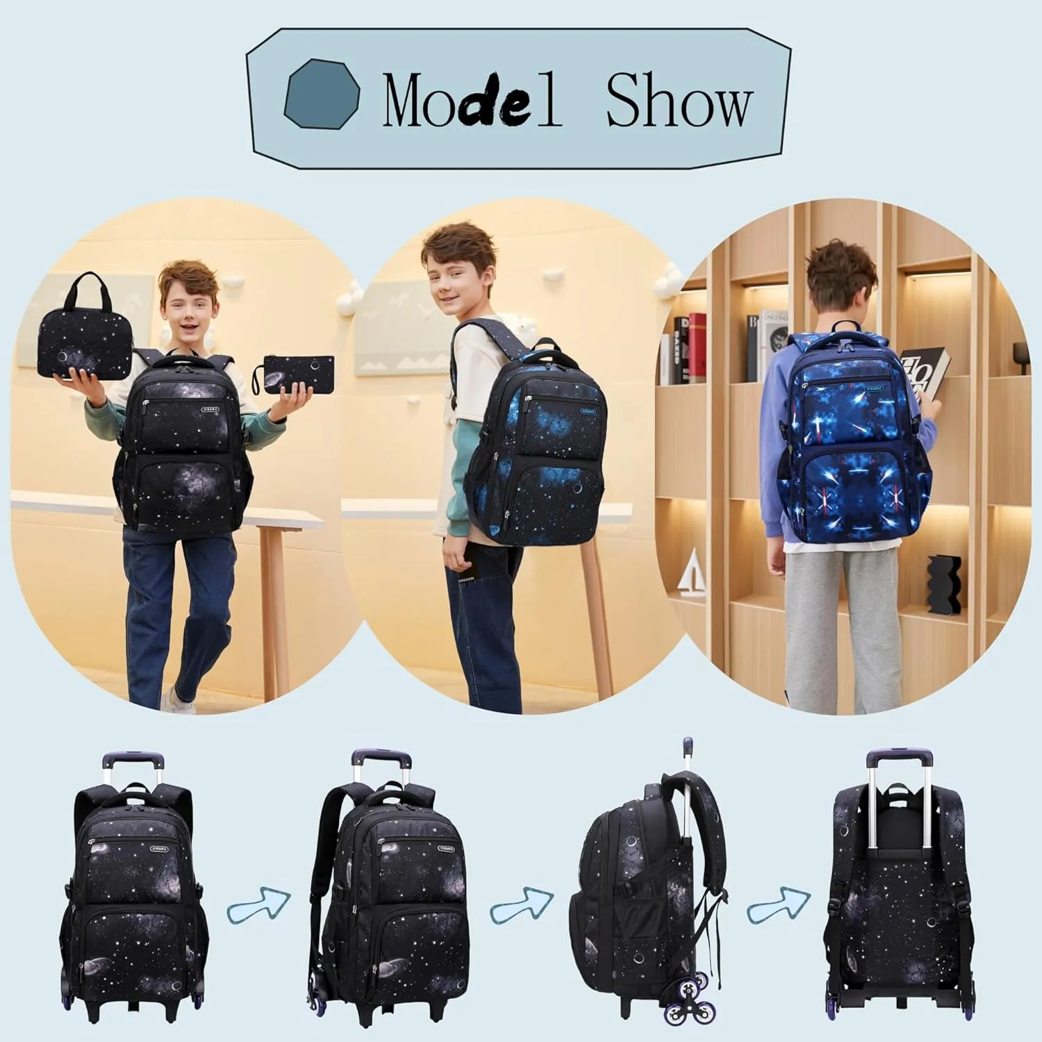 3Pcs Space Print Rolling Backpack Boys Bookbag on Wheels with Lunch Bag, Wheel Trolley Bag for School