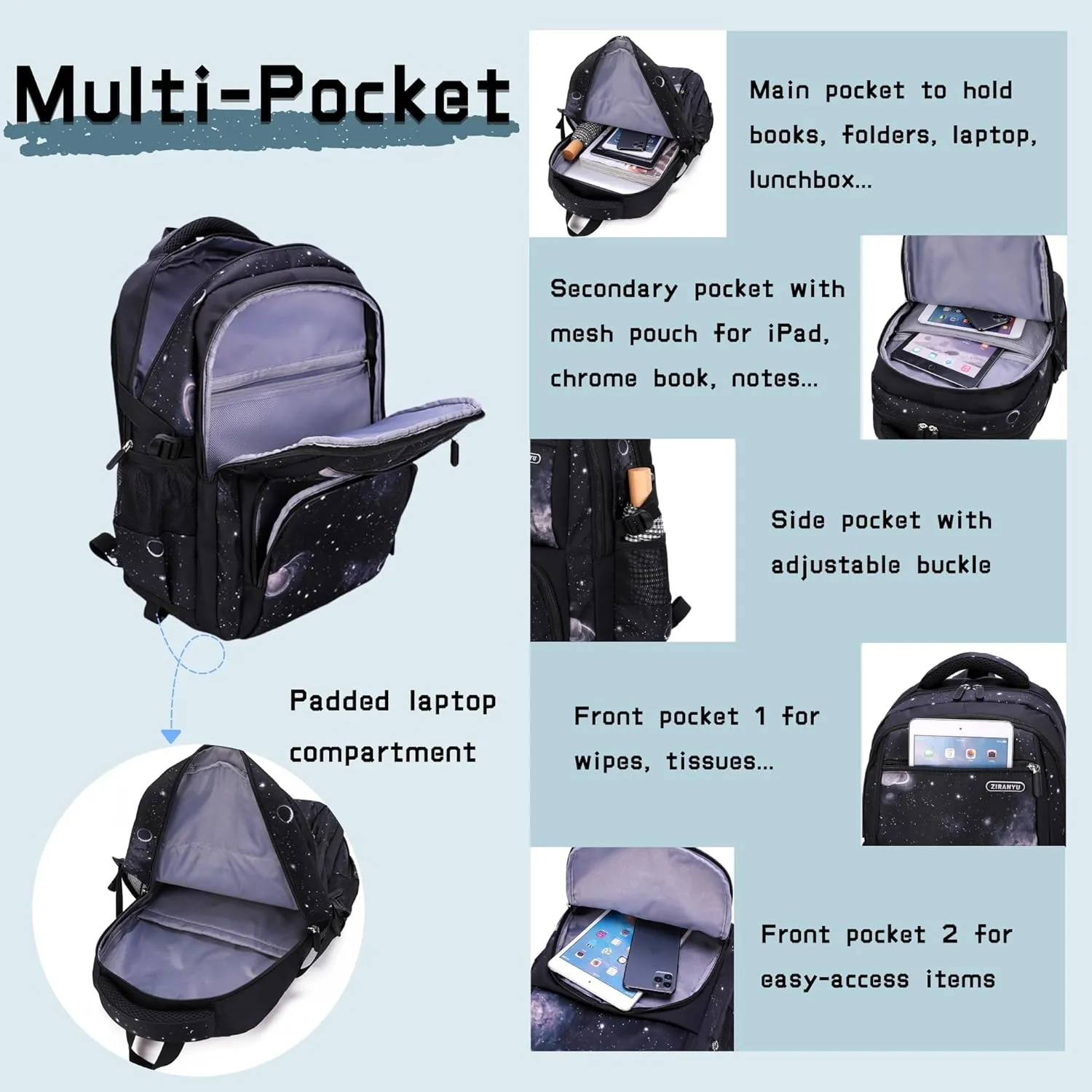 3Pcs Space Print Rolling Backpack Boys Bookbag on Wheels with Lunch Bag, Wheel Trolley Bag for School