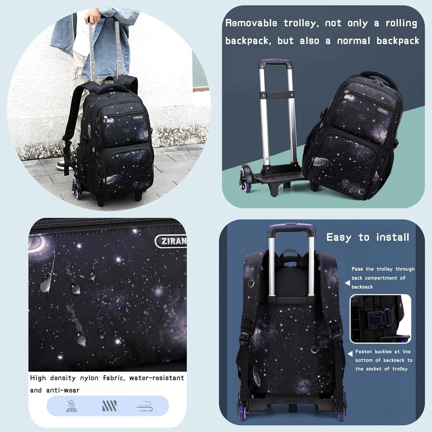 3Pcs Space Print Rolling Backpack Boys Bookbag on Wheels with Lunch Bag, Wheel Trolley Bag for School