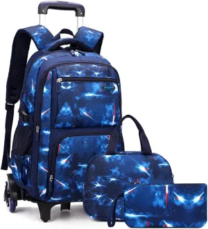 3Pcs Space Print Rolling Backpack Boys Bookbag on Wheels with Lunch Bag, Wheel Trolley Bag for School