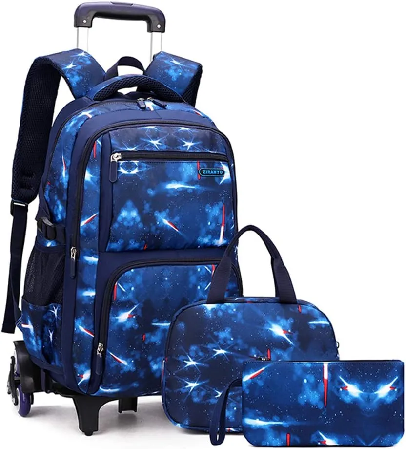 3Pcs Space Print Rolling Backpack Boys Bookbag on Wheels with Lunch Bag, Wheel Trolley Bag for School