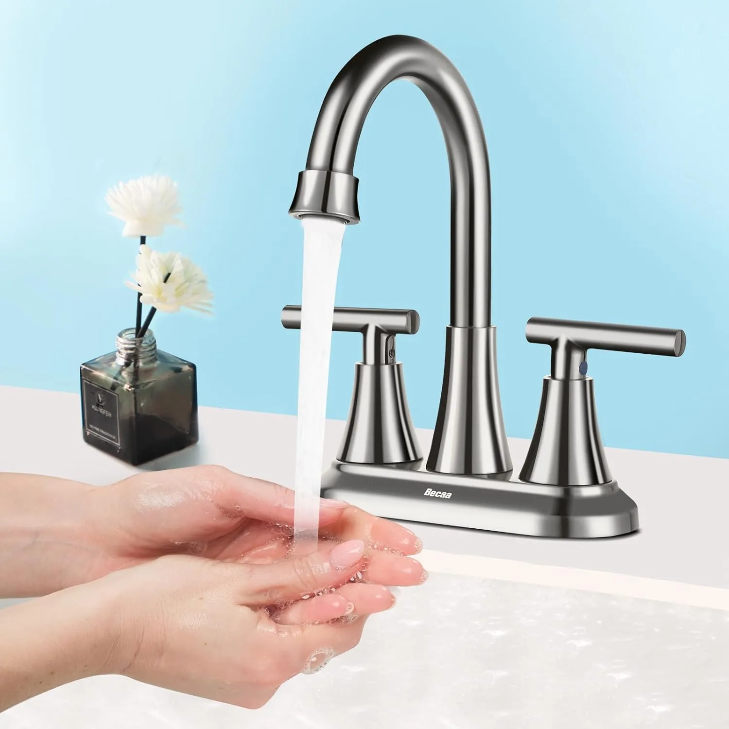 4 Inch Bathroom Faucets for Sink 3 Hole, Faucet for Bathroom Sink with Pop-up Drain & Supply Hoses, 2-Handle 360 Swivel Spout Stainless Steel Lead-Free, Centerset Faucet for Vanity Lavatory