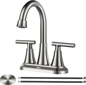 4 Inch Bathroom Faucets for Sink 3 Hole, Faucet for Bathroom Sink with Pop-up Drain & Supply Hoses, 2-Handle 360 Swivel Spout Stainless Steel Lead-Free, Centerset Faucet for Vanity Lavatory