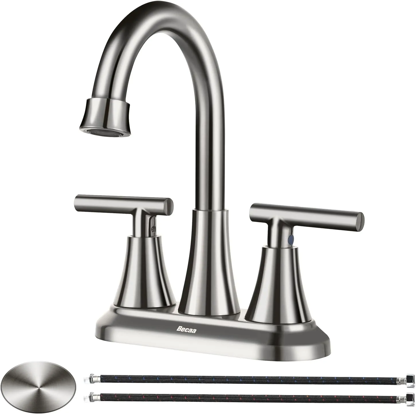 4 Inch Bathroom Faucets for Sink 3 Hole, Faucet for Bathroom Sink with Pop-up Drain & Supply Hoses, 2-Handle 360 Swivel Spout Stainless Steel Lead-Free, Centerset Faucet for Vanity Lavatory