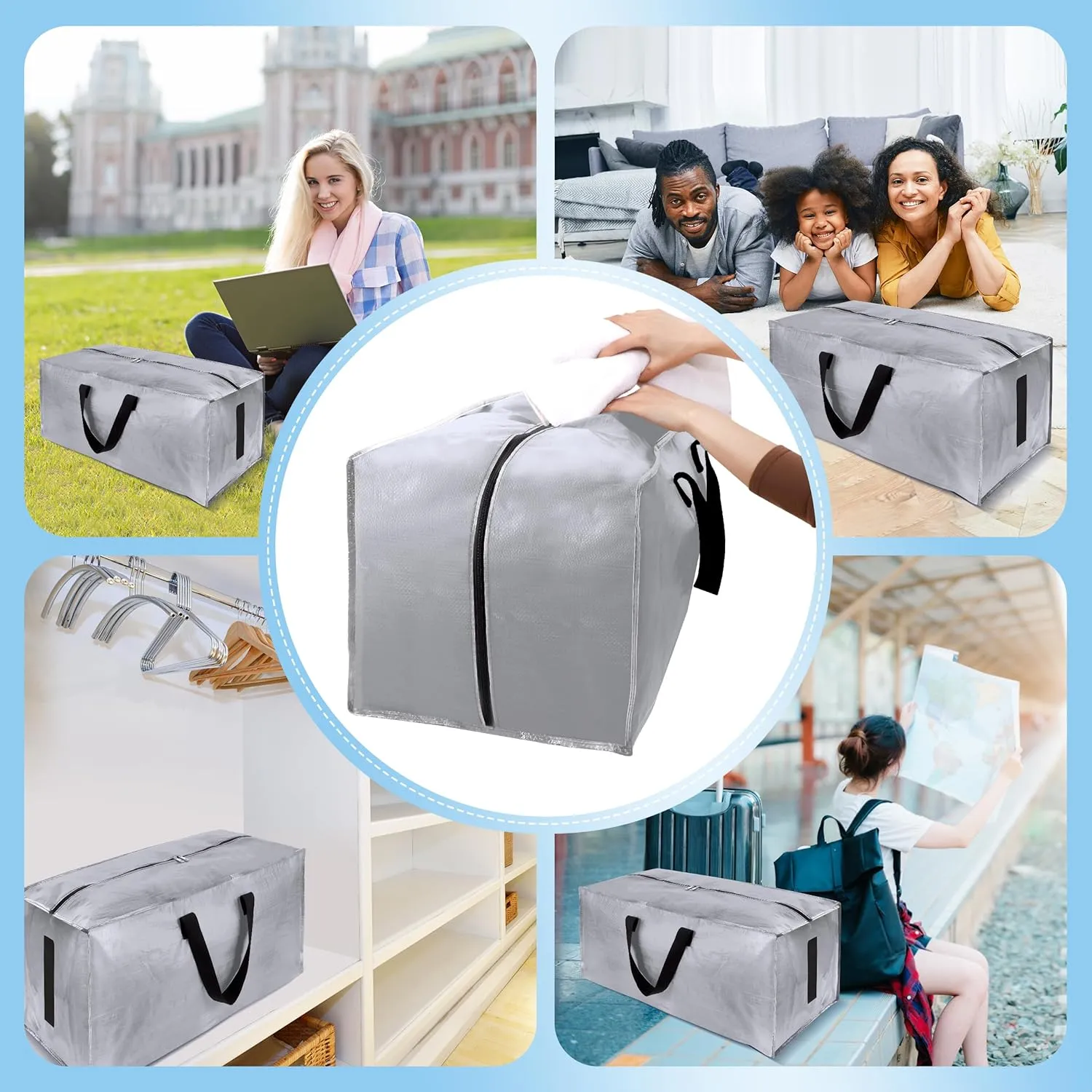 4 Pack Large Strong Bags with Zippers & Carrying Handles - Water-Resistant - Heavy Duty Storage Tote for Space Saving Storage, Fold Flat, Alternative to Moving Box (Silver)