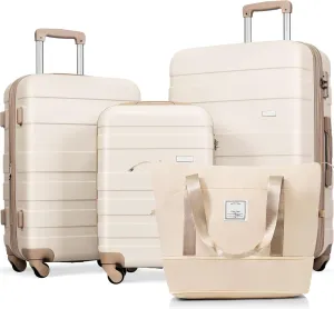 4-Piece Luggage Set with Spinner Wheels & TSA Lock - 20" 24" 28" ABS Hard Shell Suitcases   Travel Bag, Lightweight Durable Checked & Carry On Luggage Suitcase Set for Men Women (Ivory   Golden)