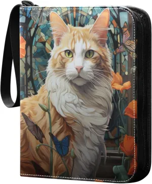 4 Pocket Card Binder with 50 Removable Sleeves Orange Cat Painting Trading Card Binder Collector Card Album for 400 Game Sports Cards