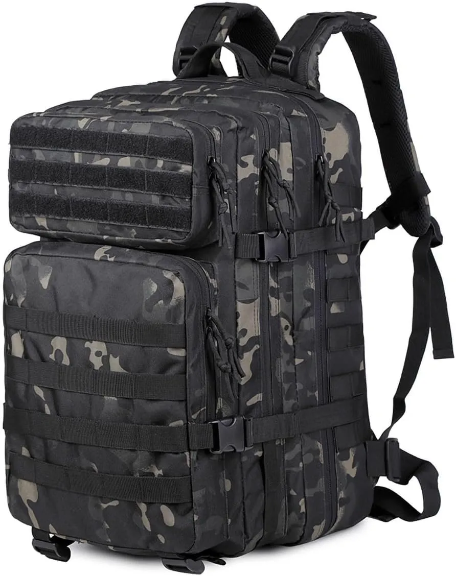 48L 3-day Tactical backpack heavy duty zipper，Hiking Camping Hunting Climbing backpack Nylon canvas Knapsack Outdoor backpack (Camouflage black)