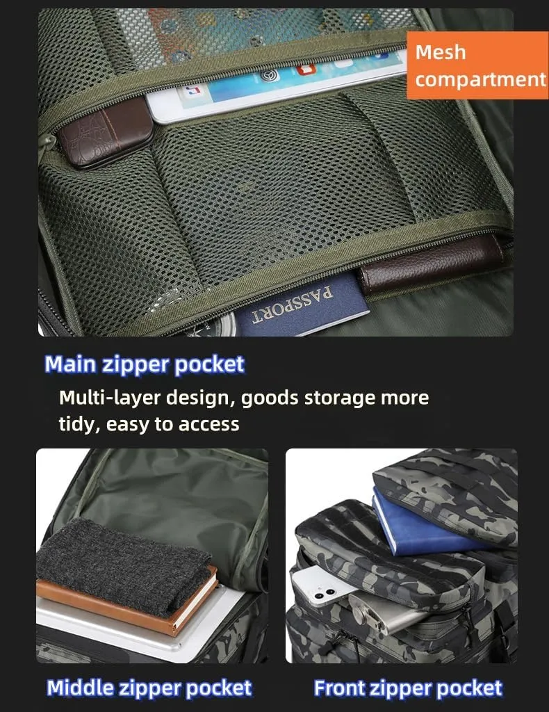 48L 3-day Tactical backpack heavy duty zipper，Hiking Camping Hunting Climbing backpack Nylon canvas Knapsack Outdoor backpack (Camouflage black)