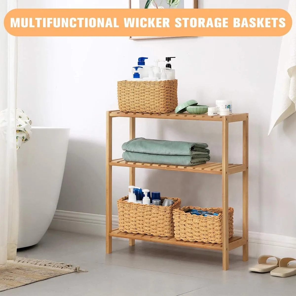 4pcs Woven Storage Basket Straw Organizer Desktop Clutter Storage Bins for Home